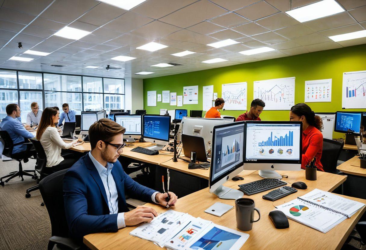 A bustling office scene showcasing a diverse group of professionals using essential electronic tools like laptops, tablets, and smartphones. The environment is bright and organized, featuring productivity items like planners and coffee cups. Infographics and charts depicting productivity tips hover in the background. The overall composition suggests efficiency and innovation. vibrant colors. super-realistic. modern office design.