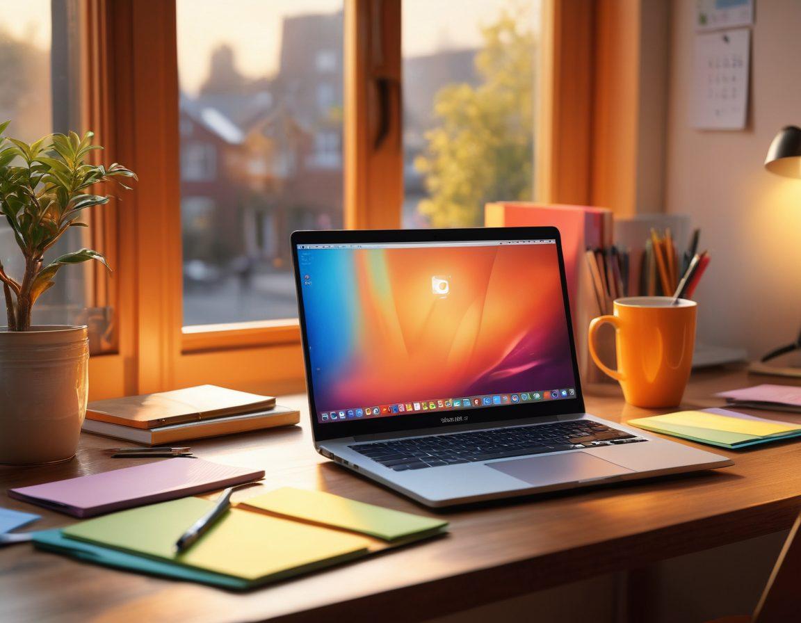 An organized workspace featuring a sleek laptop displaying various productivity software on its screen, colorful task lists, reminders, and digital calendars scattered around. Include vibrant stationery and a coffee cup, symbolizing a productive day. Soft morning light filtering through a window, creating a warm and inviting atmosphere. super-realistic. vibrant colors. soft focus.